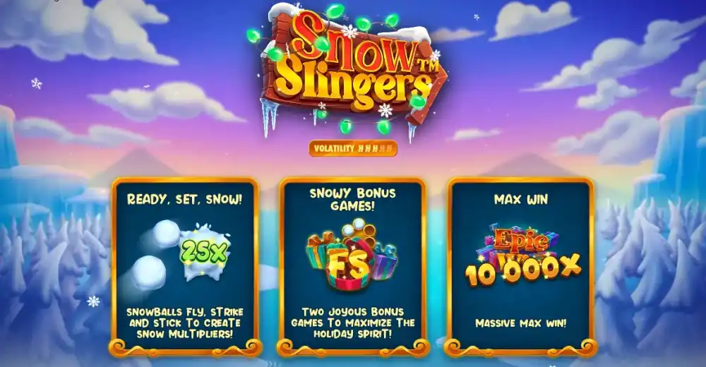 Snow Slingers Slot von Hacksaw Gaming mit Winter Theme und Snow-Volver Wilds auf dem 5x4 Grid