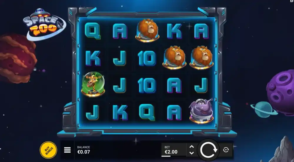 Space Zoo Slot von Backseat Gaming — Weltraum-Spielansicht mit Tier-Symbolen