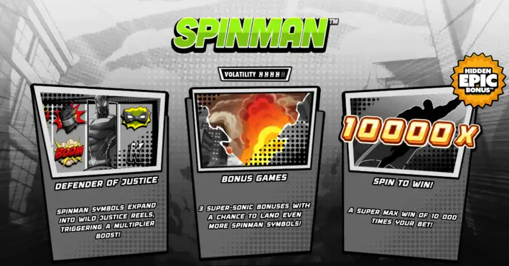 Spinman Slot von Hacksaw Gaming mit Superhelden-Theme und Justice Reels