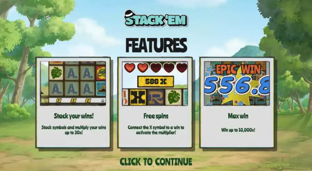 Stack Em Retro-Cartoon-Slot von Hacksaw Gaming — Cluster Pays mit Reel Multipliers auf 5x6 Grid