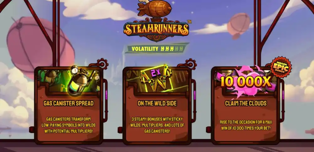 Steamrunners Slot von Hacksaw Gaming im Steampunk-Setting mit Gas Canisters