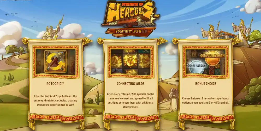 Strength of Hercules Slot von Hacksaw Gaming mit RotoGrid Mechanik und griechischem Mythologie Theme auf 5x5 Grid