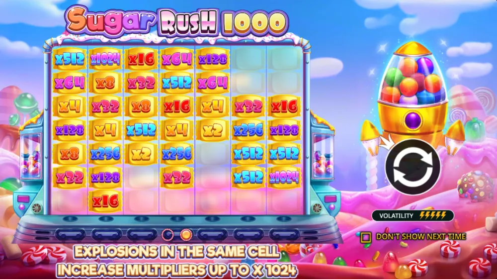 Sugar Rush 1000 Slot von Pragmatic Play — 7x7 Cluster Grid mit Sticky Multiplikatoren