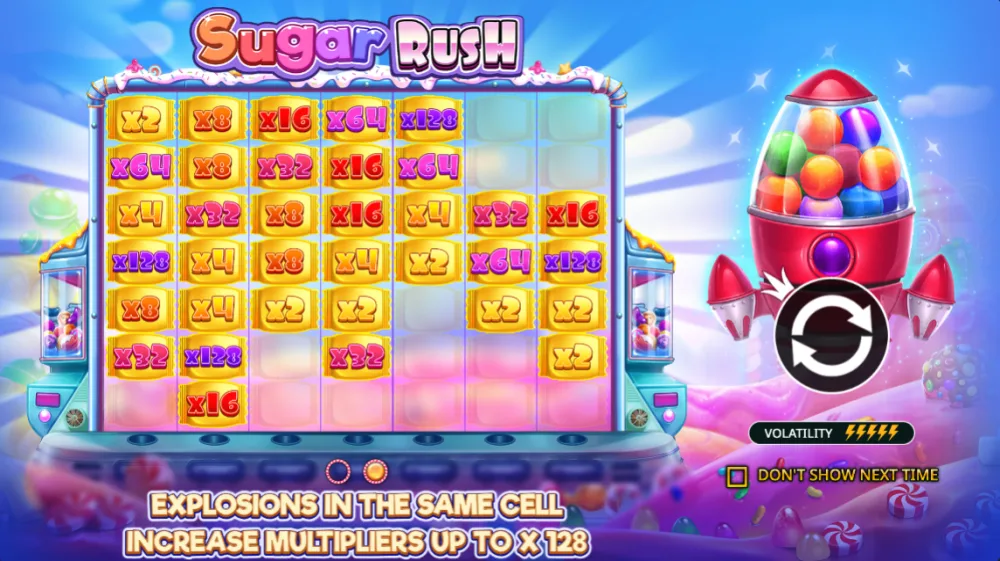 Sugar Rush Slot von Pragmatic Play — 7x7 Cluster Grid mit bunten Süßigkeiten