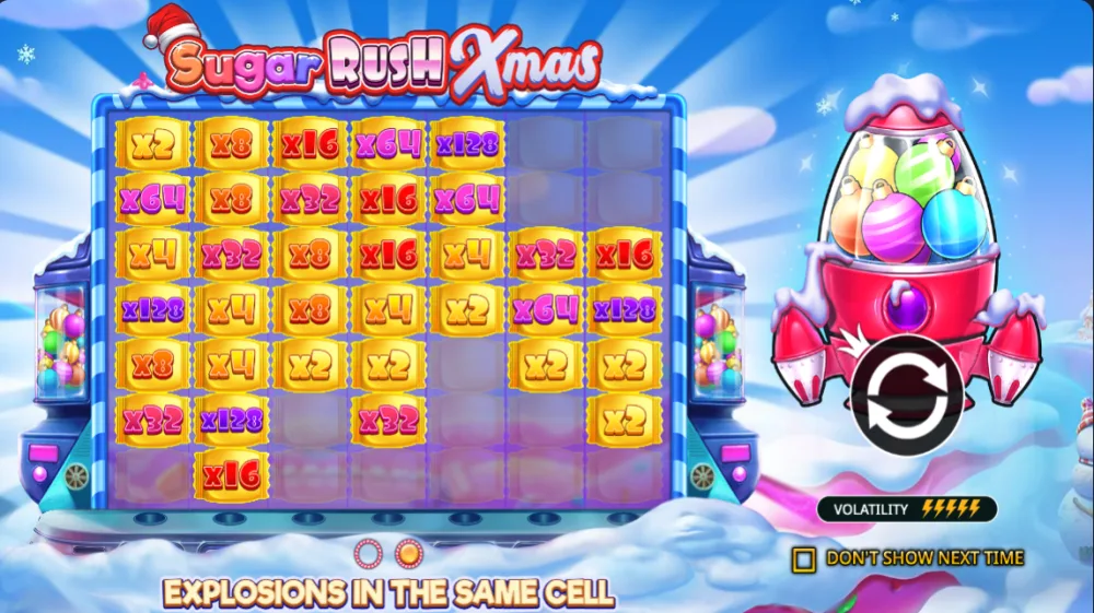Sugar Rush Xmas Slot von Pragmatic Play — Weihnachtliches 7x7 Grid mit Süßigkeiten