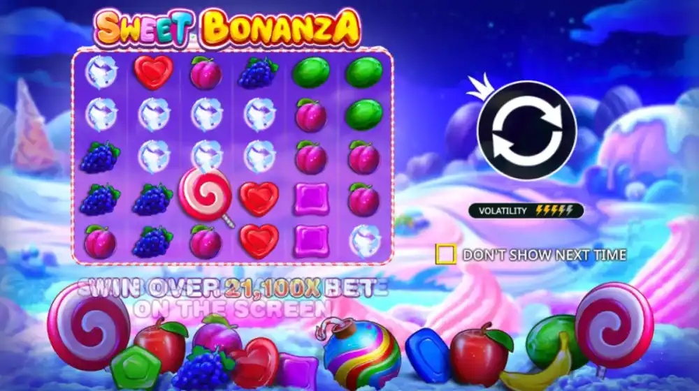 Sweet Bonanza Startbildschirm mit bunten Früchten und Süßigkeiten auf dem 6x5 Grid