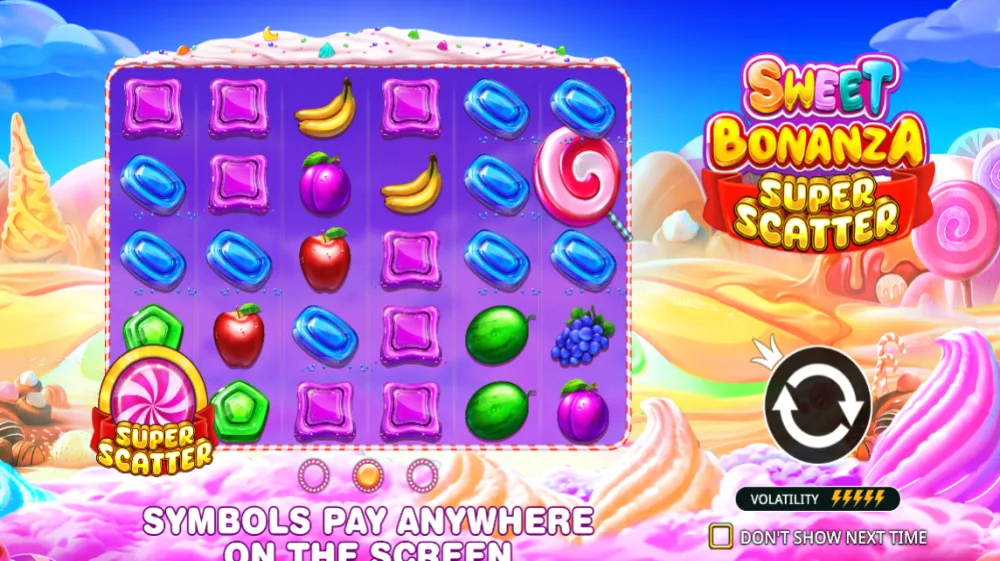 Sweet Bonanza Super Scatter Slot von Pragmatic Play — Süßigkeiten-Grid mit Super Scatter Symbol