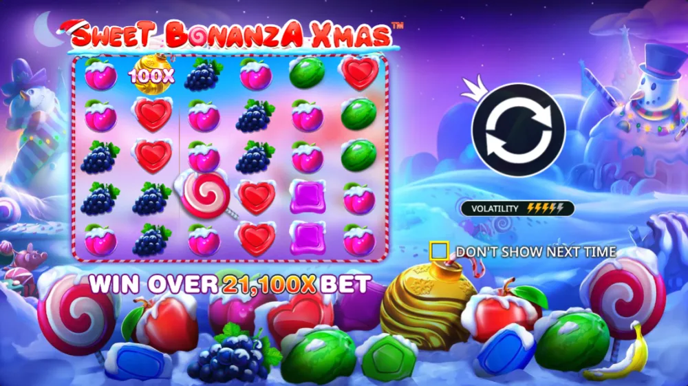 Sweet Bonanza Xmas Slot mit Weihnachts-Süßigkeiten und Schneelandschaft auf dem 6x5 Grid von Pragmatic Play