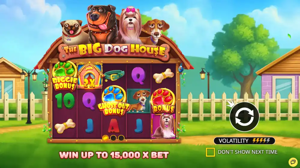 The Big Dog House tragamonedas de Pragmatic Play — pantalla inicial con los perros y el tablero de 5x3
