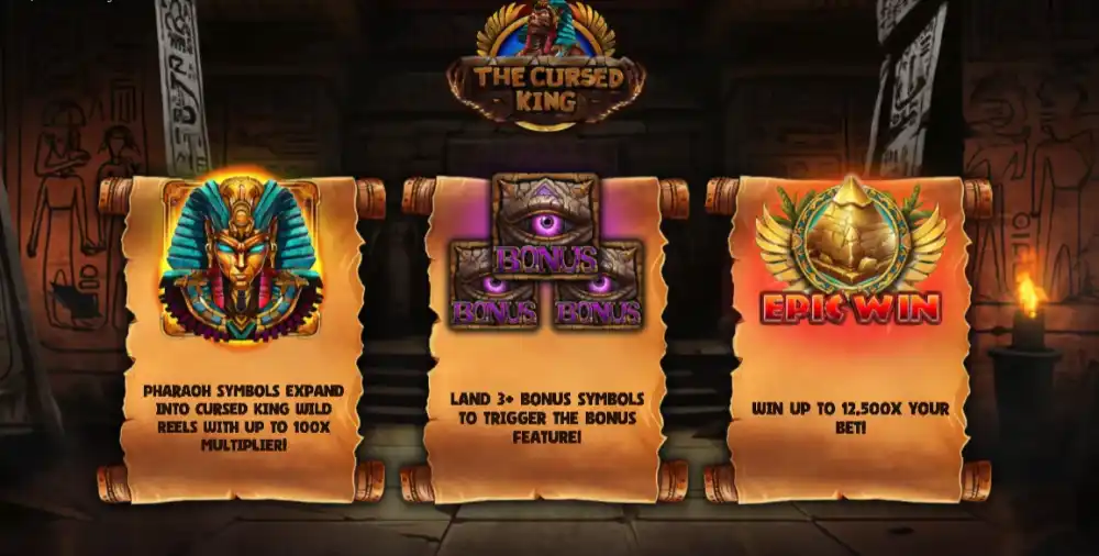 The Cursed King Slot von Backseat Gaming mit ägyptischem Pharao Theme und Wild Reels auf dem 5x5 Grid