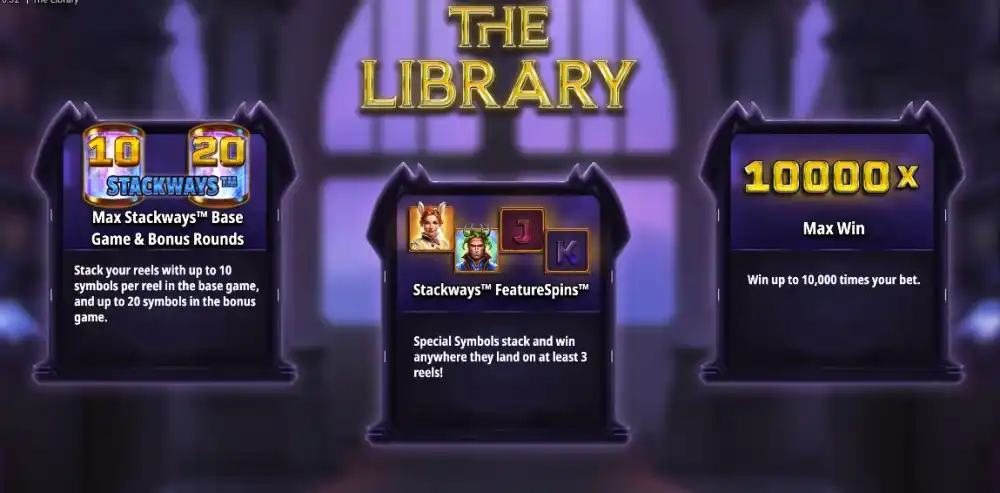 The Library Slot von Kitsune Studios mit Stackways Mechanik und literarischem Theme auf dem 5x4 Grid