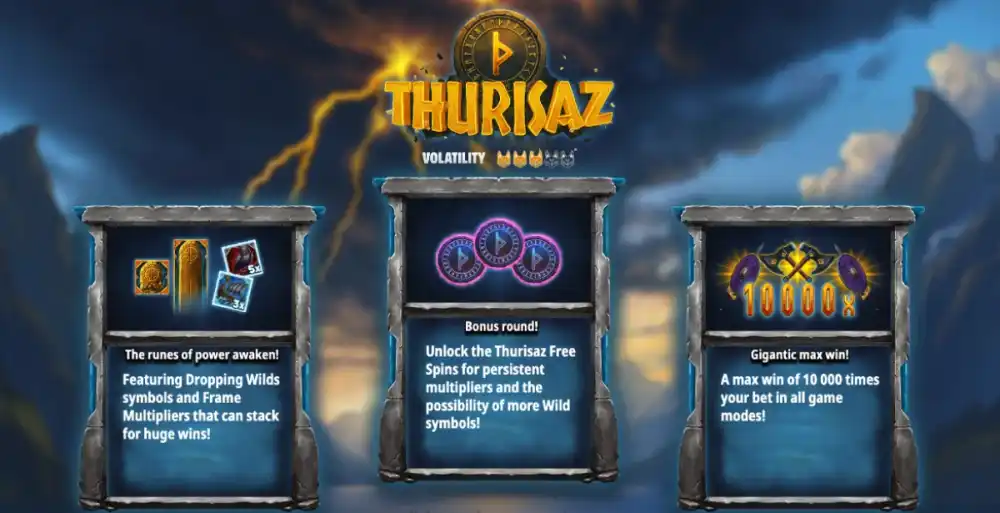 Thurisaz Slot von Kitsune Studios mit nordischen Runen und Wikinger-Krieger