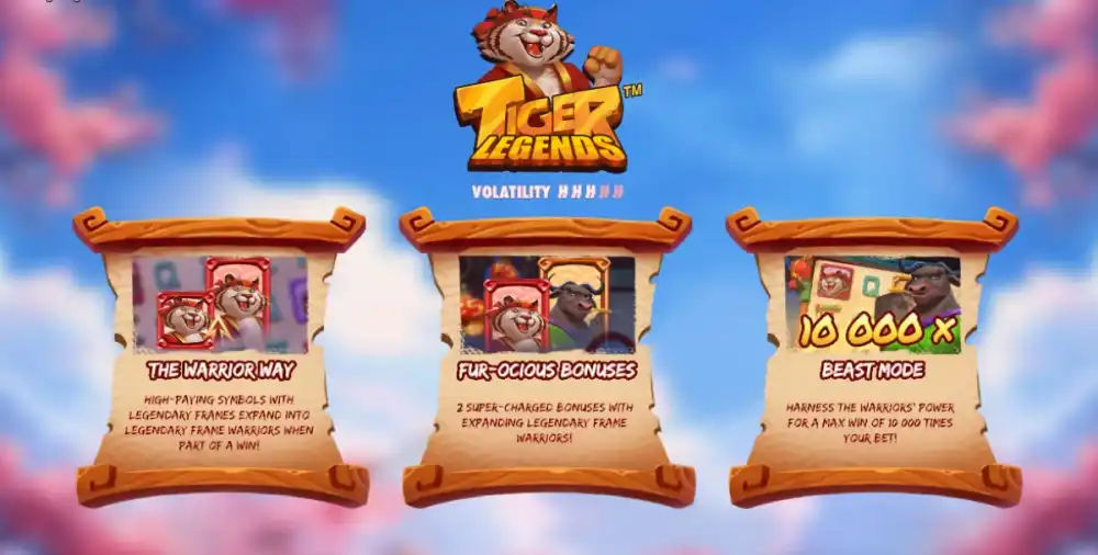 Tiger Legends Slot von Hacksaw Gaming mit Kampfkunst-Kriegern und Tiger-Symbolen