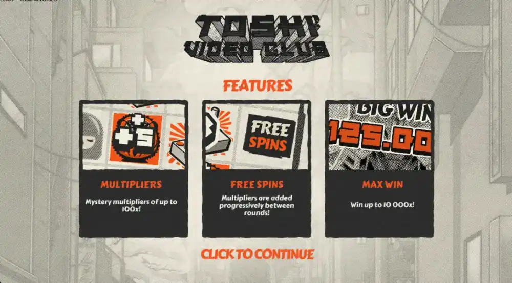 Toshi Video Club Slot von Hacksaw Gaming — japanischer Retro-Arcade-Stil mit Daruma auf 5x5 Grid