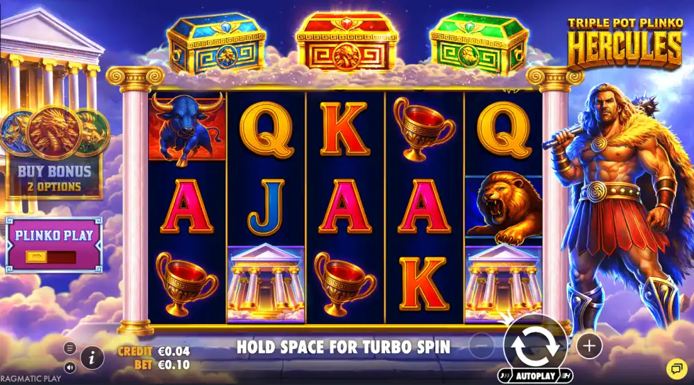 Triple Pot Plinko Hercules plinko bonus round — balls dropping through pyramid pegs toward prize buckets