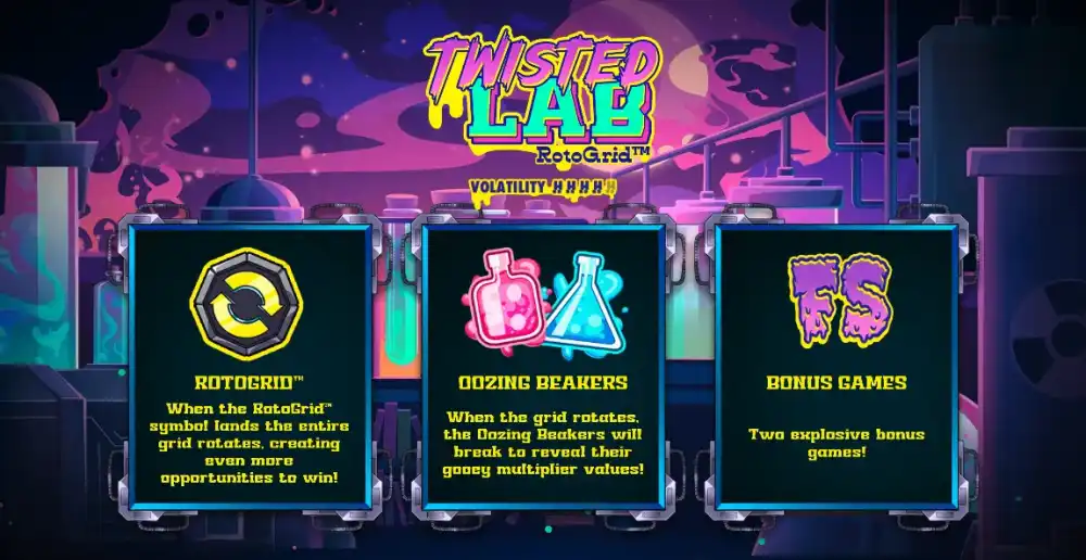 Twisted Lab RotoGrid Slot von Hacksaw Gaming mit verrücktem Wissenschaftler Theme und Oozing Beakers auf 5x5 Grid