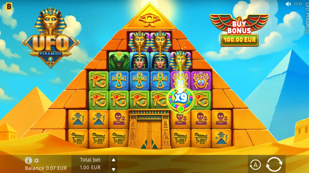UFO Pyramids Slot von BGaming — Pyramiden-Grid mit Alien-Theme
