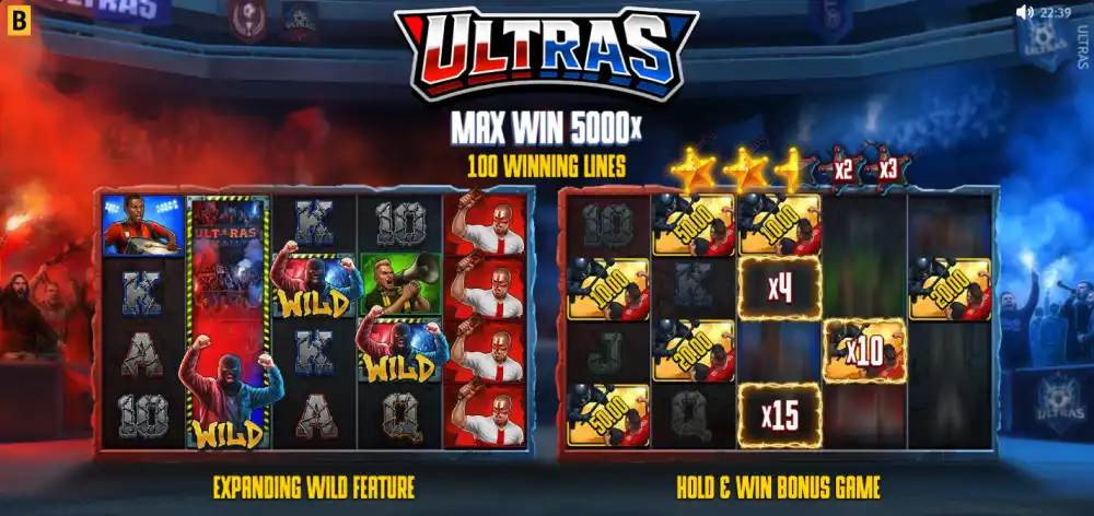 Pantalla inicial de Ultras de BGaming con el tablero 5x4