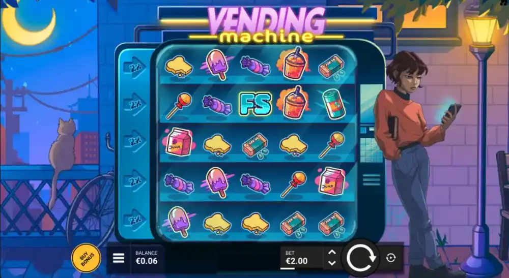 Vending Machine Slot von Hacksaw Gaming — Lo-Fi Rooftop Setting mit Multiplier Lights