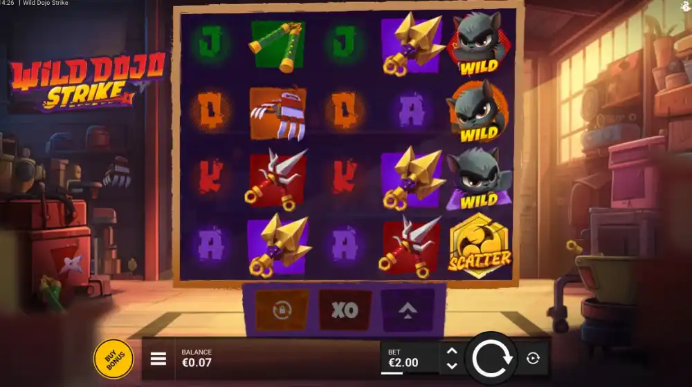 Wild Dojo Strike Slot von Bullshark Games — Spielfläche mit Ninja-Katzen Wilds