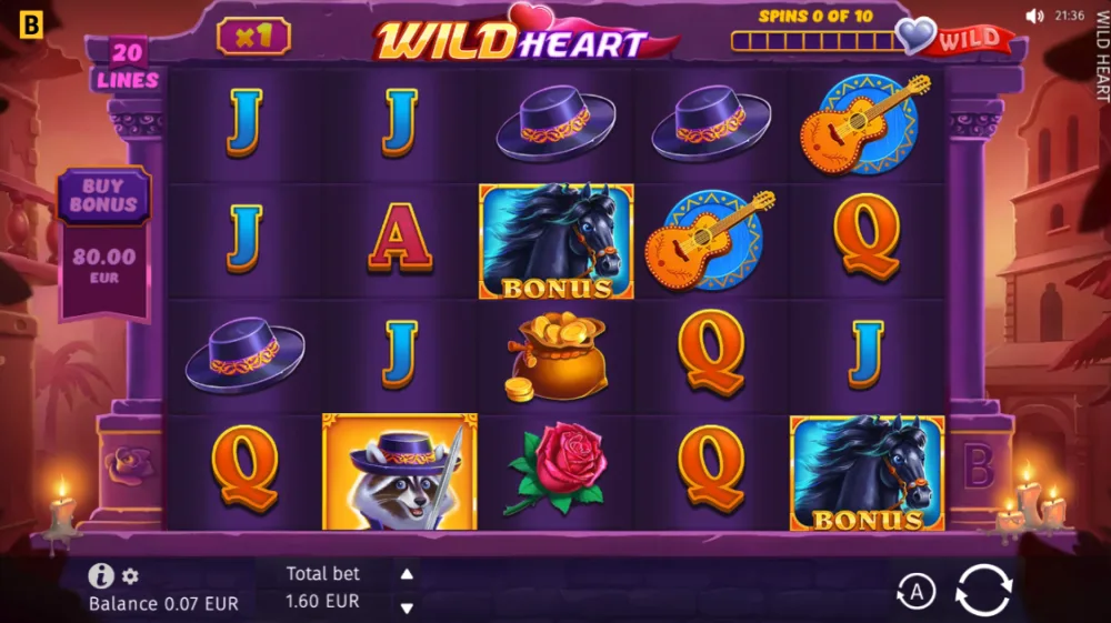 Wild Heart Slot von BGaming — Spielansicht mit aktiven Wild Frames