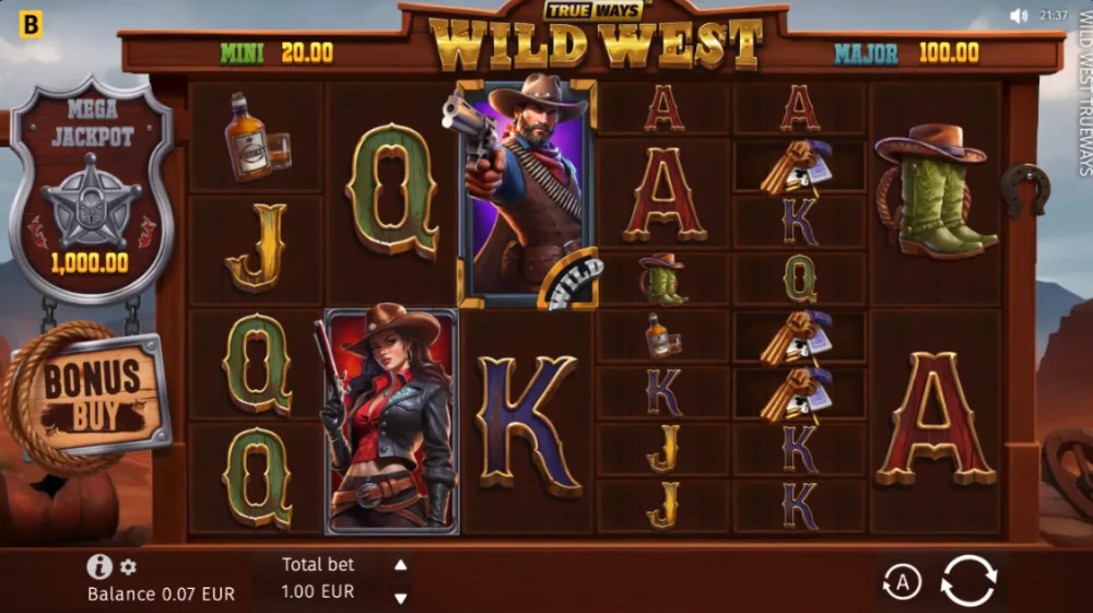 Wild West Trueways Slot von BGaming — Spielansicht mit dynamischen Walzen