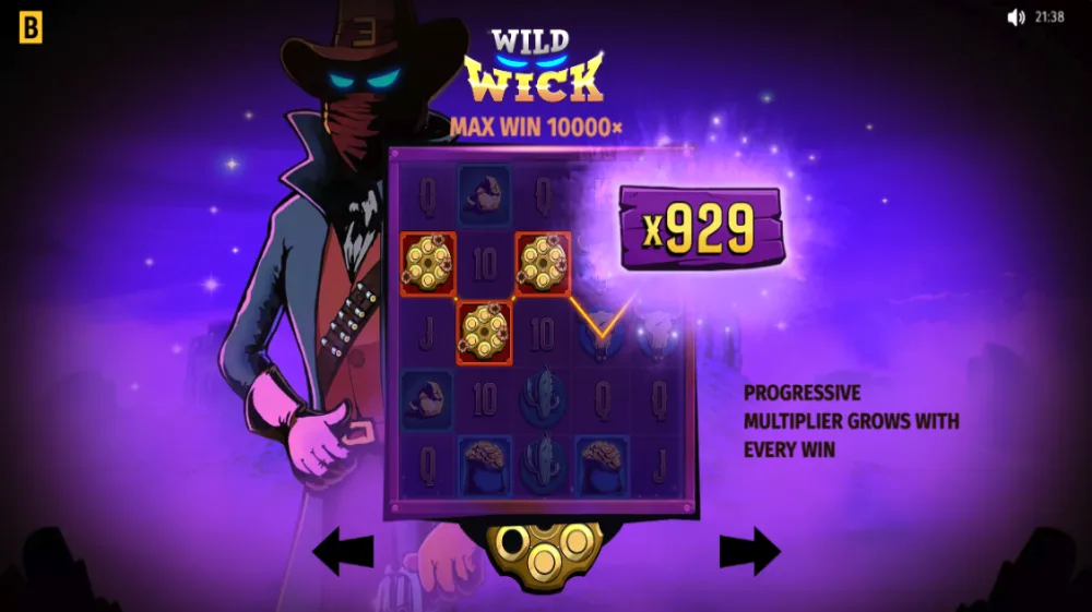 Wild Wick Slot von BGaming mit Western-Showdown-Theme und progressiven Multiplikatoren auf dem 5x6 Grid