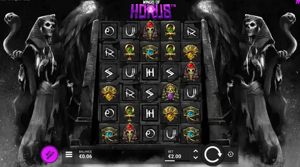 Hacksaw Gaming Ägypten-Slot — Orb-Gameplay auf dem dunklen 5x6 Grid