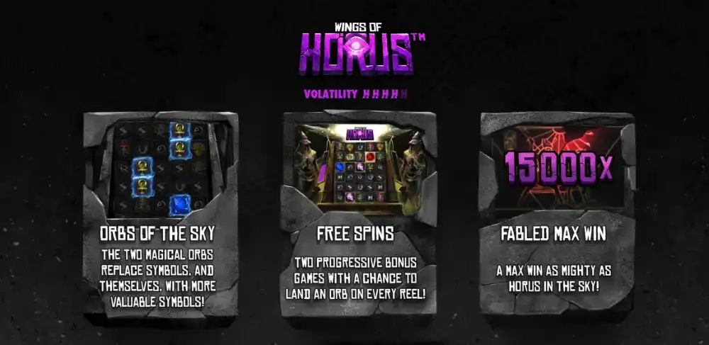 Wings of Horus Slot von Hacksaw Gaming — dunkles Ägypten-Theme mit Orb-Mechanik auf dem 5x6 Grid