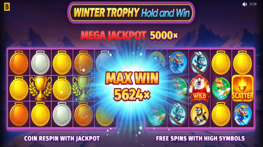 Winter Trophy Hold and Win Slot von BGaming mit Wintersport-Theme und Medal-Respin auf dem 5x3 Grid