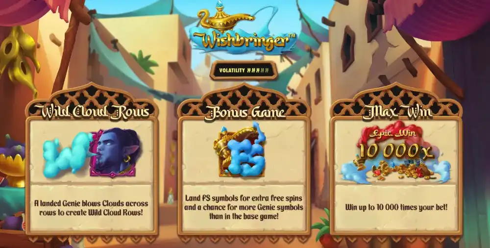 Wishbringer Slot von Hacksaw Gaming mit Genie und Wild Cloud Rows auf dem 6x4 Spielfeld