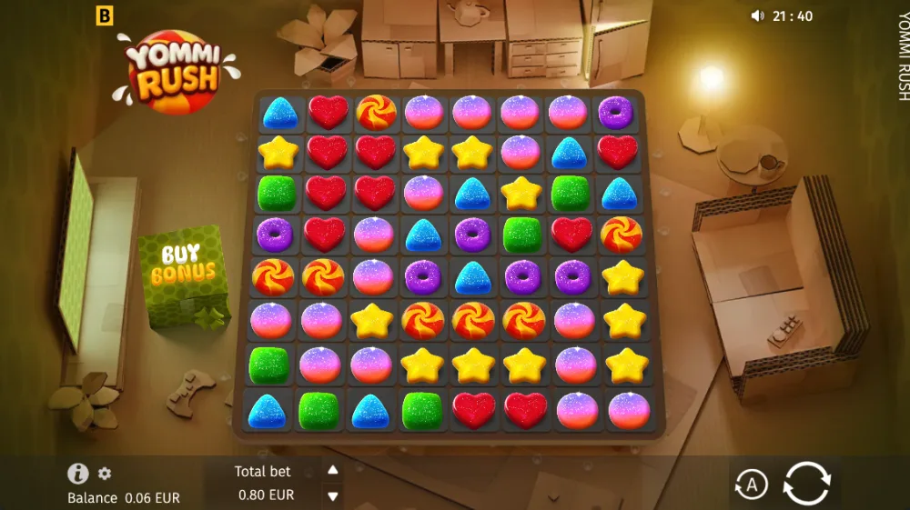 Yommi Rush Slot von BGaming — Spielansicht mit Cluster-Pays und Yommi-Wilds