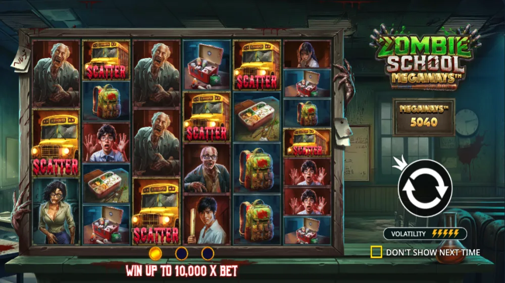 Zombie School Megaways Slot von Pragmatic Play — Megaways-Grid mit Zombie-Theme